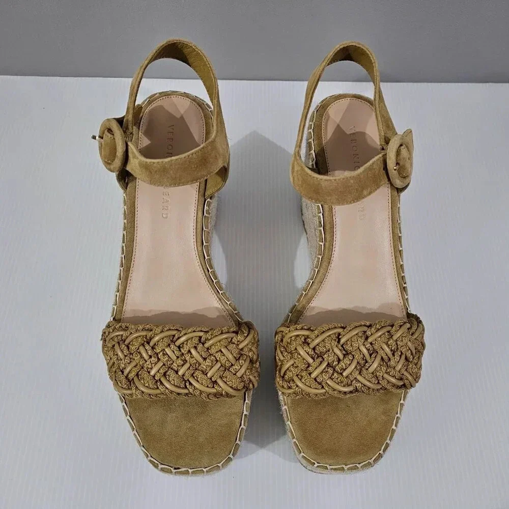 Veronica Beard Reema Espadrille Wedge Sandal Womens 10 Woven Mustard Leather NEW